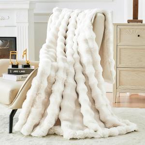 Bigacogo Faux Fur Throw Blanket for Couch, Fuzzy Soft Plush Thick Warm Bubble Blankets for Sofa Bed Living Room Dcor, Cute Luxury Cozy Fluffy Throw Gift for Women Girls, 50"x60", Cream White