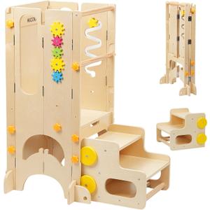 Foldable Toddler Stool for Kitchen - 4-in-1 Kitchen Step Stool for Kids, 2 Height Adjustable Step Stool with Slide, Chalkboard & Montessori Activity Games