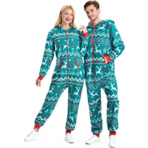 Giggling Getup Matching Pajamas for Couples, Christmas Pajamas for Women and Men, Hooded Zipper Warm Jumpsuits, 1Pcs (Large, Green)