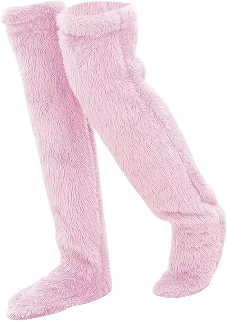 Over Knee Fuzzy Socks high Plush Stockings Fuzzy Long Leg Warmers Winter Home Fluffy Sleeping Socks (One Size, Pink)