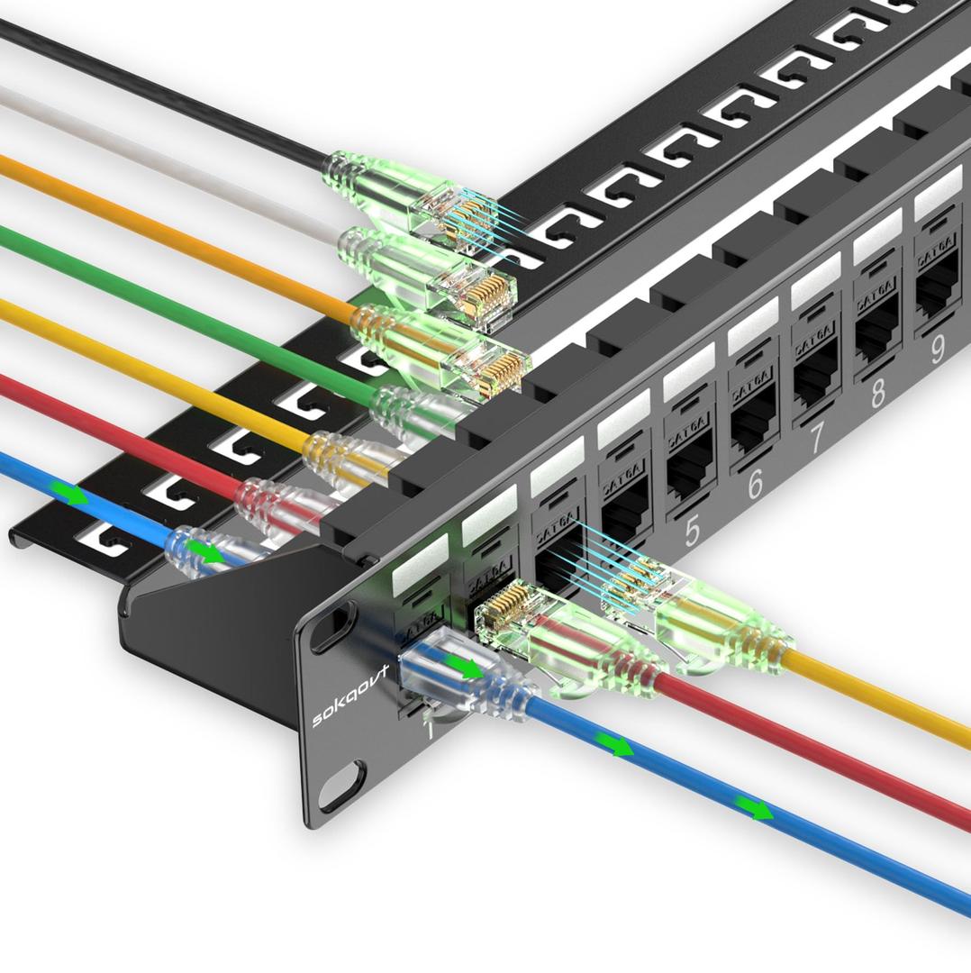Sokqovt Patch Panel 24 Port Cat6 with Coupler Keystone, Cat6a Network Patch Panel 10G No Punch Down, Time-Saver Ethernet 1U Rj45 Panel with Sturdy Back Bar, 19 Inch Coupler Network Panel