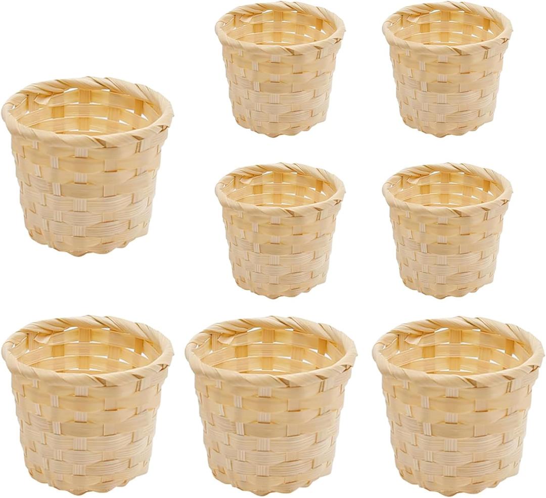 8 Pcs Mini Woven Basket Set for Home Organization, 4 Small 3.54 × 3.54 × 2.95in and 4 Mini 2.95 × 2.95 × 2.36in, Natural Bamboo Wood, Centerpiece Baskets, Party Favors, DIY Crafts