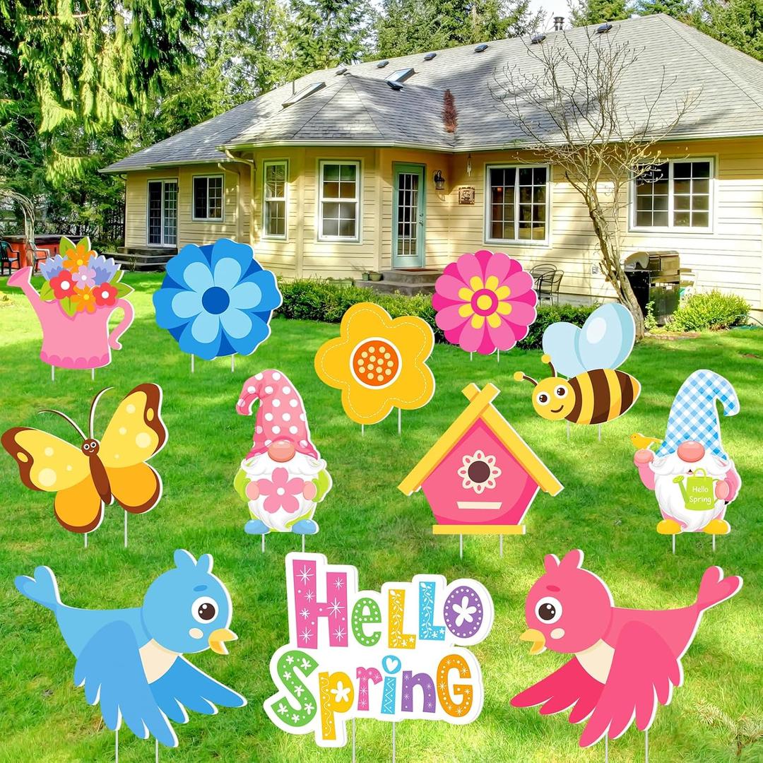 Amyhill 12 Pack Hello Spring Yard Decoration Outdoor Flower Garden Lawn Stake Signs with Stakes Waterproof Spring Garden Decor for Holiday Party Patio Lawn Walkway Outside(Fresh Style)