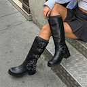 7 x Athlefit Women's Knee High Riding Boots Fashion Buckle Square Toe Chunky Heel Wide Calf Biker Boots (Black)