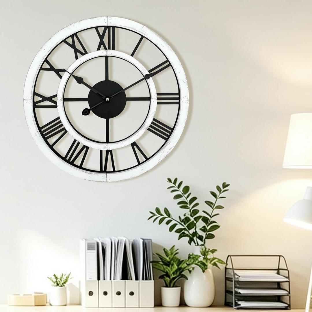 16 Inch Rustic Wall Clock Silent Non-Ticking Wooden Wall Clocks with Roman Numerals Farmhouse Decorative Clock for Living Room Bedroom Office (White)