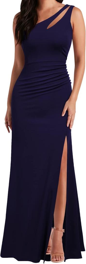 WOOSEA Women's One Shoulder Sleeveless Split Bodycon Mermaid Evening Cocktail Long Dress (XX-Large, Navy Blue)