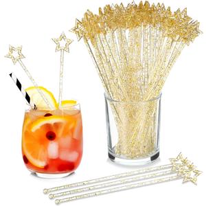 Zubebe 240 Pcs Cocktail Swizzle Sticks Plastic Drink Stirrers Glitter Star Top Stir Disposable Cocktail Coffee Drink Sticks Crystal Cake Pops, 7.28 Inch(Gold)
