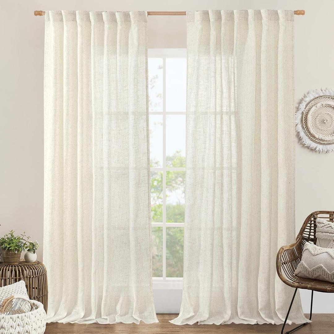 LAMIT 60 Inch Wide Linen Curtains 95 Inches Long, Ivory Cream Light Filtering Faux Linen Textured Bedroom Panels Semi Sheer Back Tab and Rod Pocket Boho Drapes for Living Room/Farmhouse, 2 Panels (Natural)