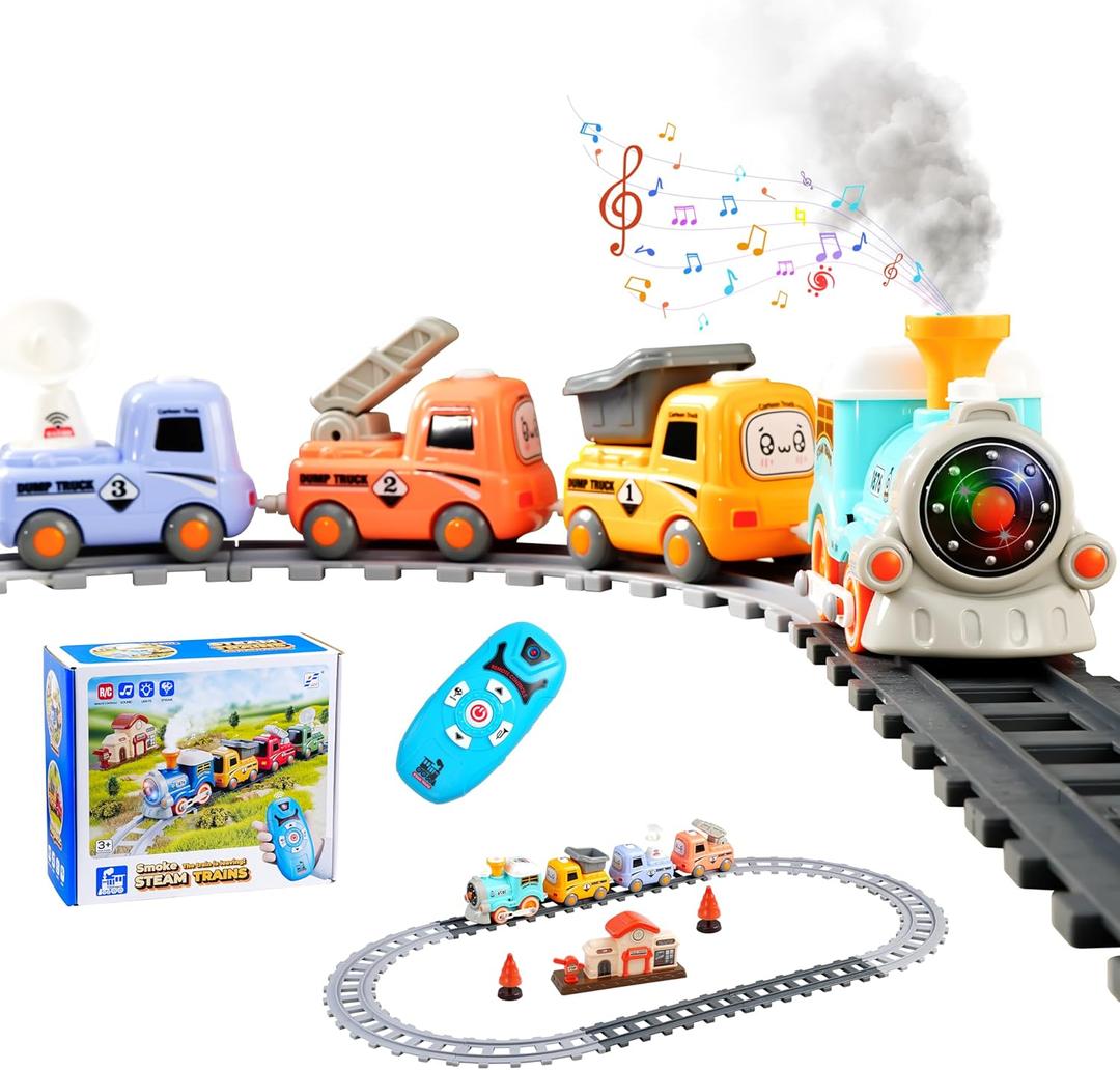 Steam Train Set for Toddlers  Cartoon Face Locomotive with Remote Control, Real Steam, Lights & Music  Magnetic Toy with Tracks & Trucks (19052D-1)