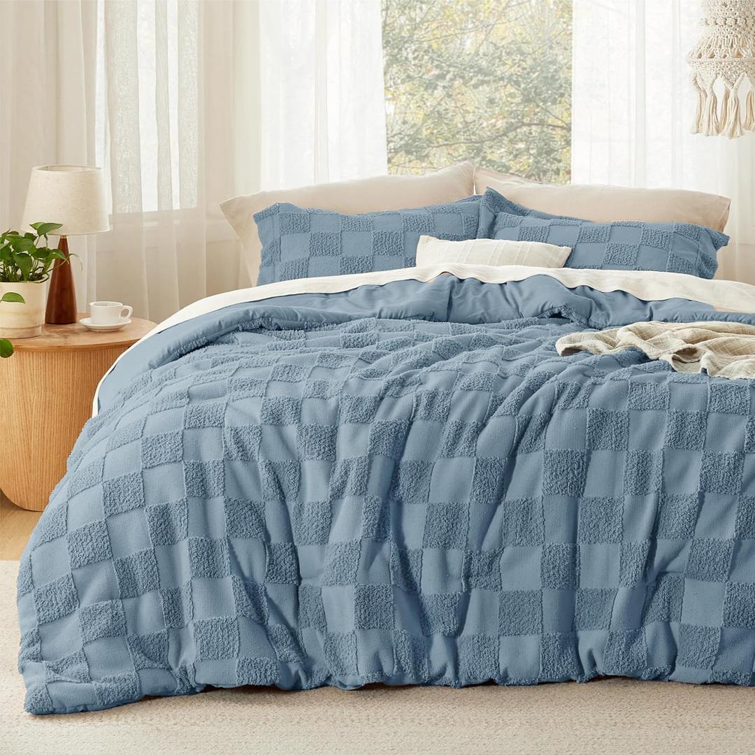Bedsure King Size Comforter Set Mineral Blue, Boho Tufted Bed Set, Checkered Farmhouse-Style Distressed Vintage Bedding, 3 Pieces, 1 Plaid Geometric Comforter and 2 Pillow Shams