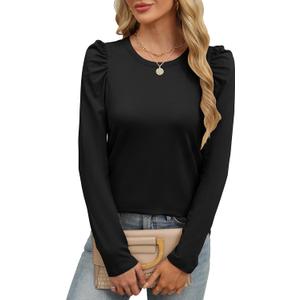 ANRABESS Womens Puff Long Sleeve Shirts Crewneck Fall Tops Basic Dressy Casual Blouses 2024 Trendy Outfits (Small, Black)