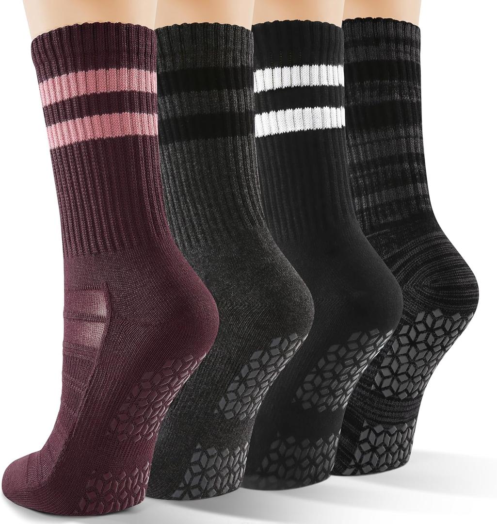CS CELERSPORT Pilates Socks for Women, 4 Pairs Yoga Crew Non Slip Grip Socks for Barre Hospital Gym (Small, Black+grey+red)
