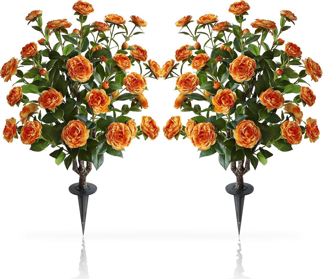 36" Artificial Camellia Tree, 2 Pack Soil Insertion w/Spike,30 Blooming Flowers Plants,Faux Floral Plant Blooming Tree in Cement Pot, Greenery Potted Plant for Indoor Outdoor Office Home Porch Decor