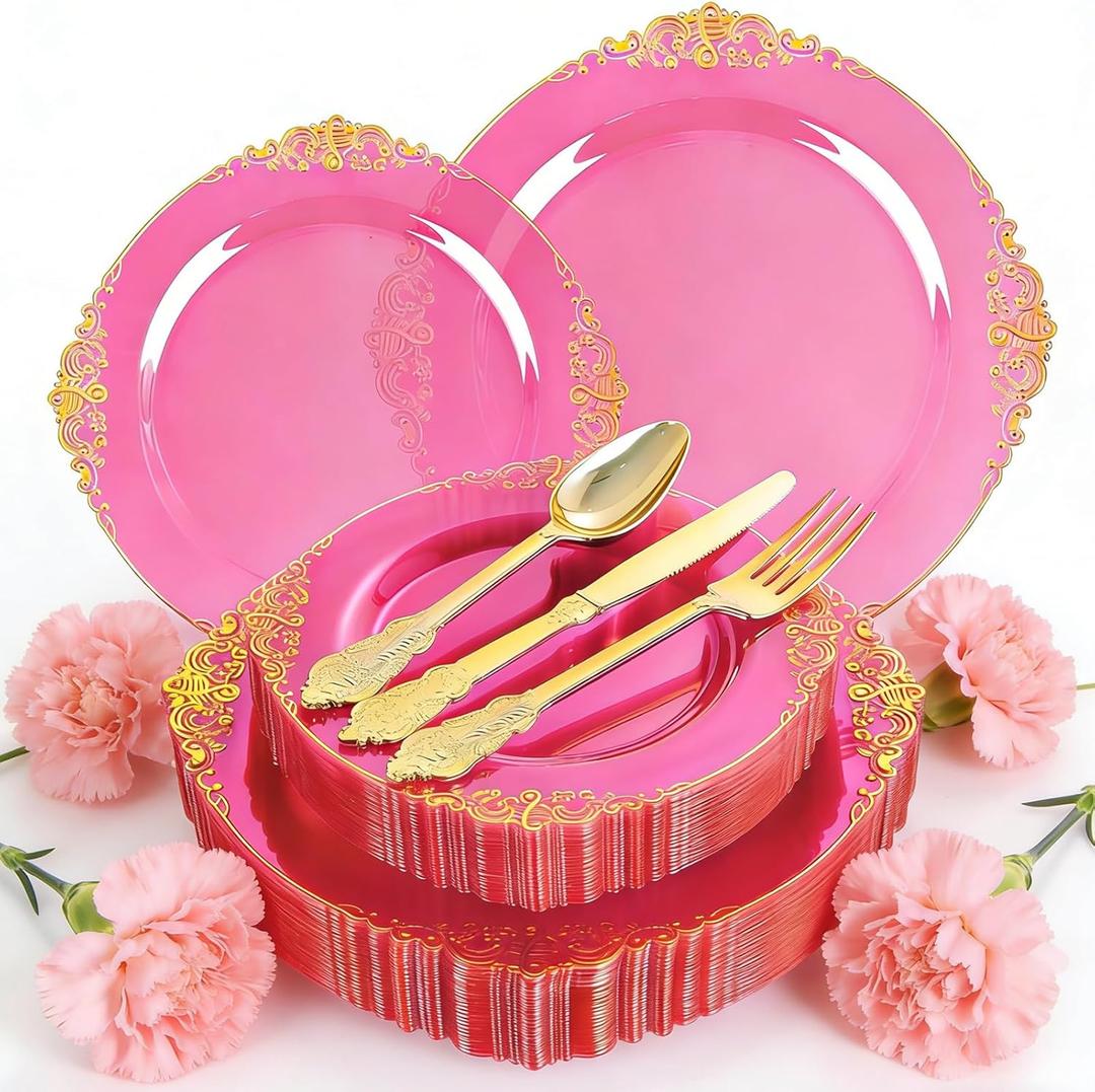 125PCS Hot Pink Plastic Plates - Clear Pink Gold Disposable Plates - Hot Pink Party Plate with Gold Plastic Silverware Set for 25 Guests for Wedding, Birthday Party, Baby Shower, Mother's Day