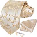 DiBanGu Mens Tie Set Silk Solid Paisley Necktie and Pocket Square Cufflinks Classic Formal Ties for Men Wedding Party (Champagne Floral)