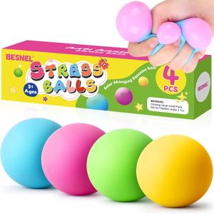 Stress Balls 4 Pack for Adults and Kids, Color Changing Squeeze Toys, Sensory Toys for Kids with Autism, Squishy Fidget Toys for Stress and Anxiety Relief, Prize for Classroom