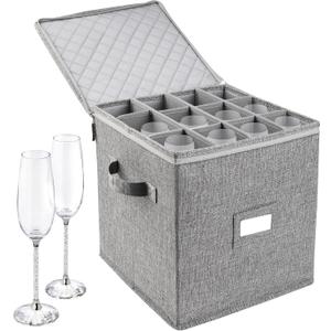 LotFancy Champagne Flute Storage Container, Hard Shell, Stackable, 12" Tall Wine Glass Storage Box with Dividers & Handles, Stemware, Crystal Glassware, Drinkware Case for Moving, Grey