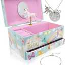 The Memory Building Co Unicorn Musical Jewelry Box Plays Classic Melody, Storage Organizer Music Box for Kids Ages 6-12, MDF Wood w/ 2 Fabric Lined Ring Bracelet Necklace Treasure Compartments