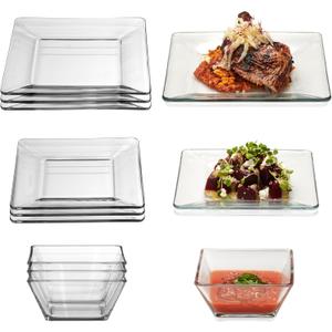 Libbey Tempo Glass Dinnerware Set, Sleek Square Clear Glass Plates and Bowls Set of 12, Dishwasher Safe Dinnerware for Parties or Everyday Use