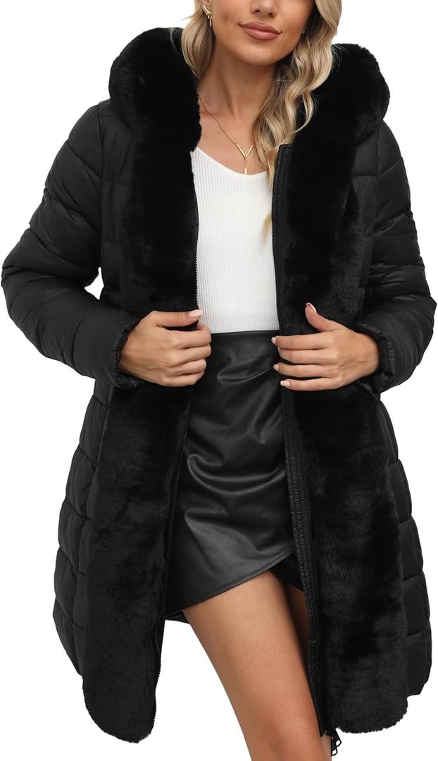 Bellivera Women Faux Leather Winter Trendy Puffer Jacket Water-Resistant Thicken Bubble Coat with Fur Hood and Belt (Coal Black, XL)