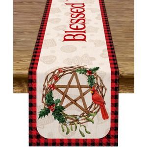 Blessed Yule Table Runner Buffalo Plaid Check Pagan Winter Solstice Holiday Fireplace Kitchen Dining Home Decoration (White, 13" x 72")