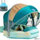 Mambobaby Float Add Tail Baby Swim Float with Canopy Solid Pool Infant Swim Trainer Swimming Training Lying Air Free Water Floats Non-Inflatable Waist Swim Ring for Toddlers (Shell - Green)