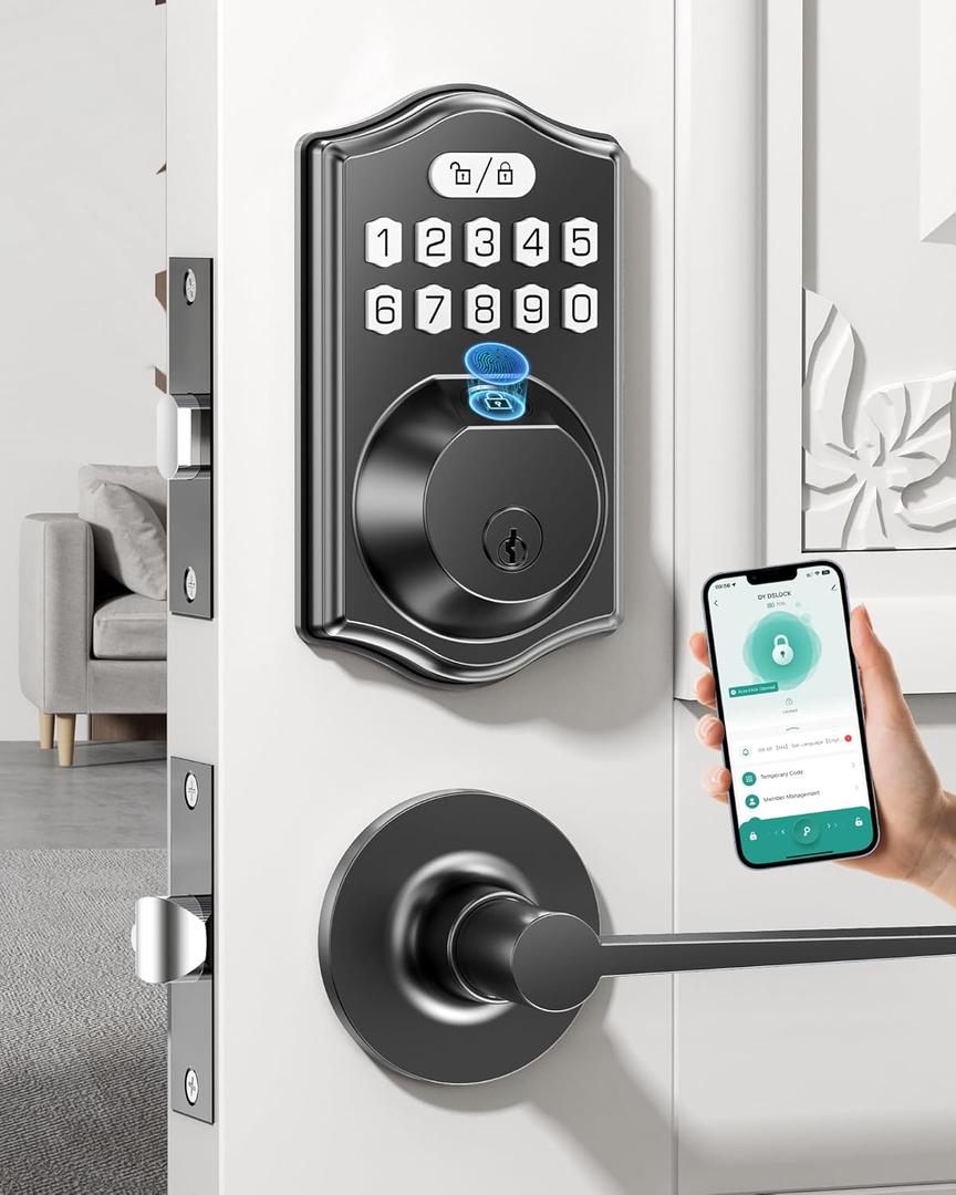 Electronic Door Lock for Family: Keyless Entry Deadbolt & Handle Set  0.3s Fingerprint & 100 Codes  Weatherproof for Front Door  Smart Lock with Digital Keypad Auto-Lock (Black)