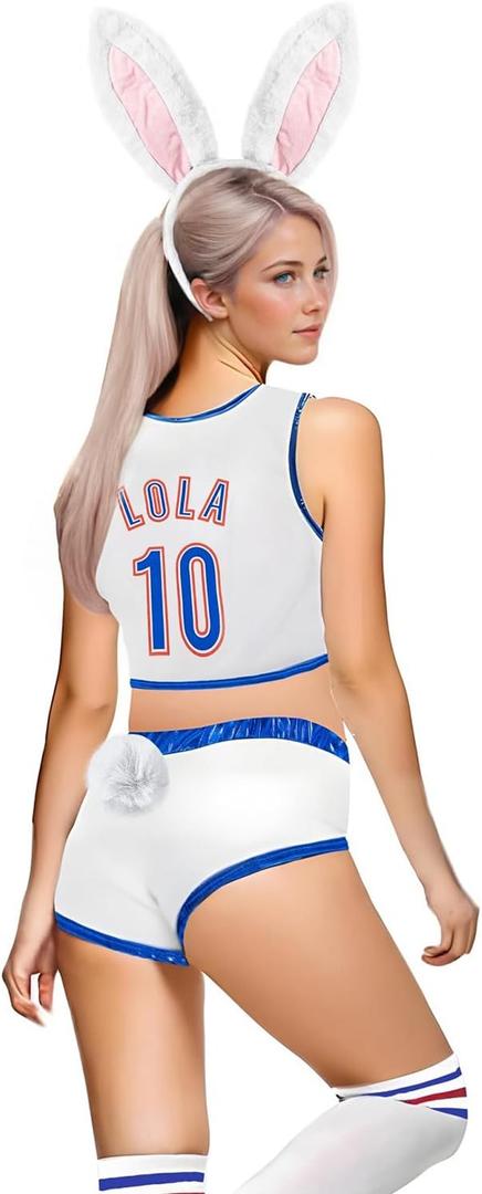 Women Lola #10 Bunny Costume 90s Space Movie Basketball Jersey Halloween Outfit with Accessories (Small, White)