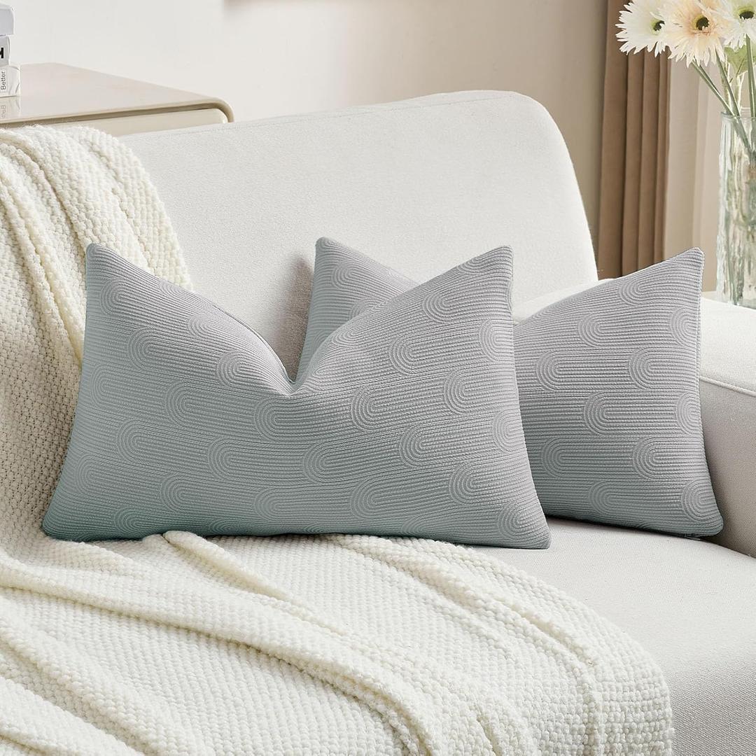 FUTEI Pack of 2 Chenille Decorative Throw Pillow Covers 12x20 Inch,Soft Cozy Striped Geometric Patterns Lumbar Pillow Cases,Modern Home Decor for Couch Bed Living Room,Dusty Blue