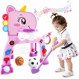 Toddler Basketball Hoop & Soccer Goal Activity Center with Golf Ring Toss, 4 in 1 Toddler Sport Toy with Light & Bilingual Music, Montessori Toy for 1 Year Old Girl Gift (24.2''-27.6'' H)