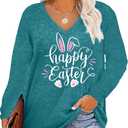Plus Size Easter Shirts for Women Happy Easter T Shirt Bunny Rabbit V Neck Tees Easter Long Sleeve Shirt Tops (3X-Large, Sky Blue)