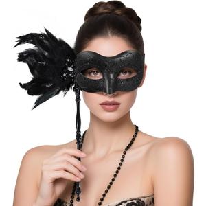 BEARAE Masquerade Mask for Women with Stick, Feather Venetian Masks, Costume Mask for Mardi Gras Gatsby Party Decoration (Black)