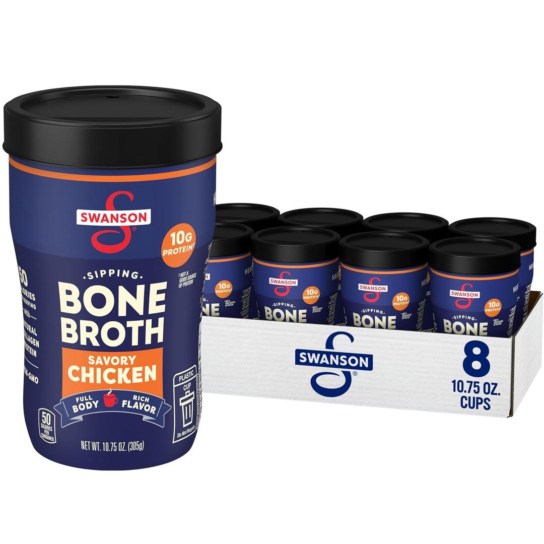 Swanson Sipping Chicken Bone Broth, 10.75 oz Microwavable Cup (8 Pack) (EXP 08/27/27)