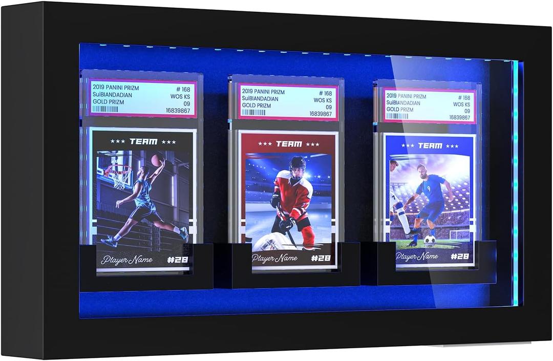 TJ.MOREE LED Lighted Wall Mount 3 Graded Sport Card Display Case for Baseball, Football, Basketball & Hockey Trading Card Collection, Black
