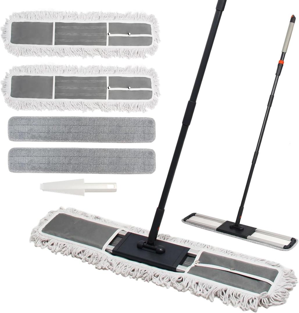 Dust mop for Hardwood Floors,Commercial Industrial Dust Mop with Long Handle,36" Microfiber Mops for Floor Cleaning,Washable 2 Cotton Pad and 2 Microfiber Pads for Office Garage Warehouse