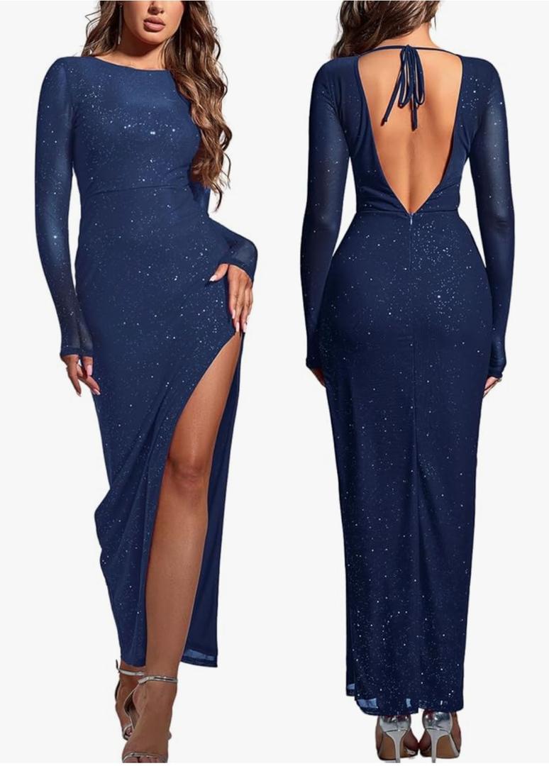 Long Sleeve Sparkly Mesh Dress Bodycon Maxi Side Split Tie Wedding Guest Formal Long Fall Dresses for Women 2025, S