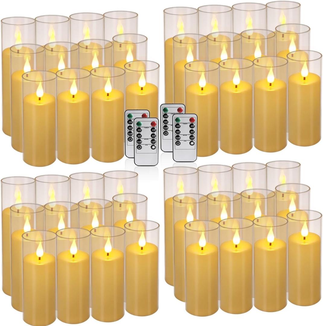  Flickering Flameless Candles Battery Operated with Remote and 2/4/6/8 H Timer Plexiglass Led Pillar Candles with Realistic Moving Wick Candles for Home Decor Pack of 48(D2.2"xH 5"6"7")(Ivory)-  