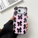 QLTYPRI Case for iPhone 17 Pro Max, Aesthetic Black Ribbon Bow Phone Case for Girls Women, Protective Hybrid 2-Layer Hard Shell Silicone Cover Durable Shockproof Phone Cover - Pink