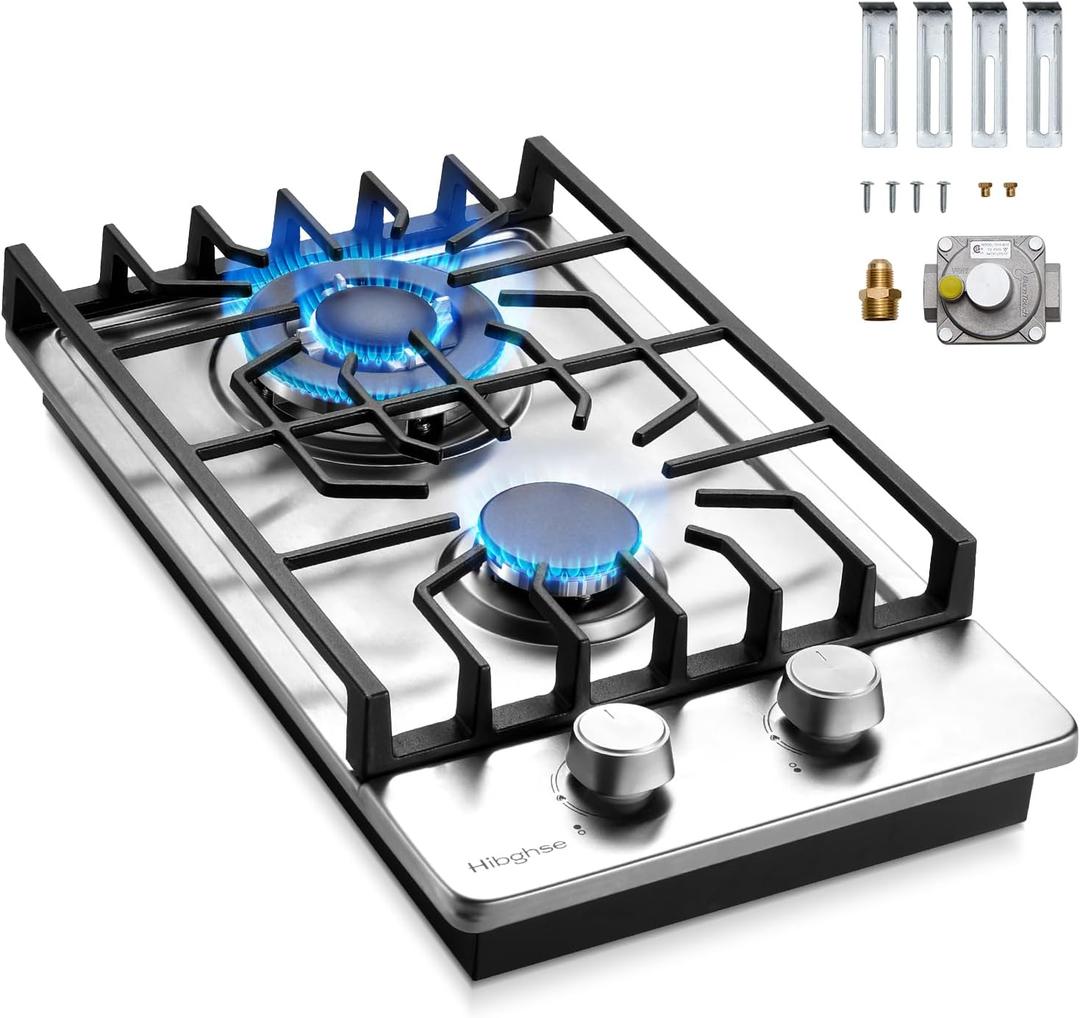 2 Burner Propane Stove, Hibghse 12 Inch Gas Cooktop Built-in Gas Stove NG/LPG Convertible Stainless Steel Stove Burner with Thermocouple Protection for Kitchen, Apartment, Outdoor, RVs, 12 Inch-Style 1