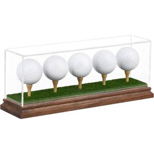 Golf Ball Display Case for 5 Golf Balls Holder Display Walnut Wood Base Acrylic Hole in One Golf Ball Case Display Uv Protection Golfball Stand Rack,Golf Office Decor Gifts for Men