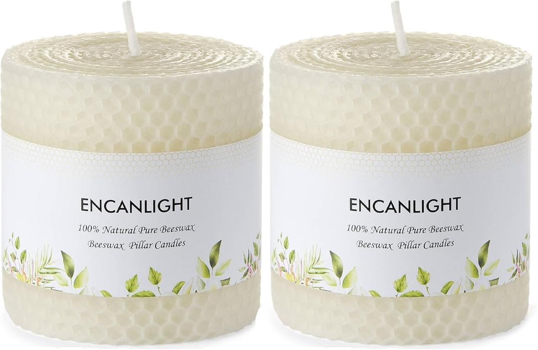 Beeswax Pillar Candles, 3x3 Inch White Hand-Rolled Honeycomb Pillar Candle Set of 2 - Dripless and Smokeless, Approx 12 Hours Hurn for Home Decor, Party, Wedding, Dinner