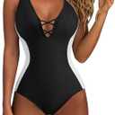 SUUKSESS Womens One Piece Tummy Control Swimsuit Crisscross Back Bathing Suits (X-Large, Black White)