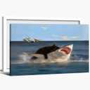 Funny Black Cat Wall Art Quirky Cat and Shark Pictures Canvas Print Abstract Ocean Animal Posters Wall Decor for Room Bedroom Living Room Bathroom Hilarious Sea Life Painting 12x18inch Framed (12L" x 18W")