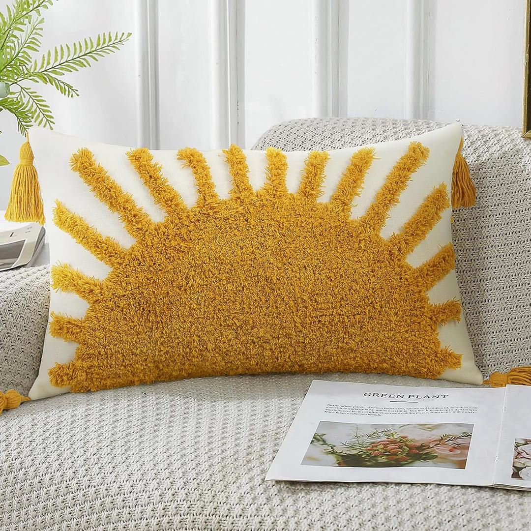 Adabana Decorative Boho Throw Pillow Covers 12x20, Lumbar Tufted Pillows Cover for Couch Bed, Sun Sunshine Pillow Cover for Kids (Yellow and White)