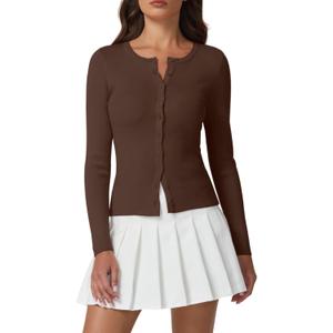 QINSEN Womens Long Sleeve Crewneck Cardigan Sweater Lightweight Button Down Knit Tops Outerwear (Medium, Brown)