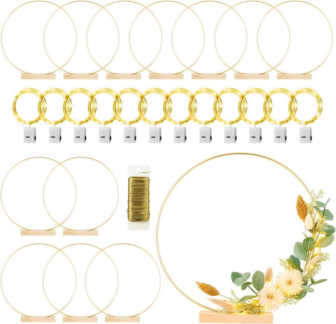 12 Pack Floral Hoop with Stand and LED Fairy Lights 14 inch Metal Rings for DIY Centerpiece Table Decorations Crafts Macrame Rings Hoop Wreath Dream Catcher Rings Wedding Christmas Wreaths, Gold