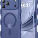 DOMAVER for iPhone 17 Pro Max Case for Women, 1X Screen Protector+1X Wrist Strap, [Compatible with MagSafe] [Full Camera Protection] Cute Wave Matte Phone Case for iPhone 17 Pro Max, Deep Blue