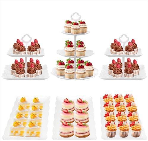 6Pcs Cupcake Stand White Plastic Cake Stand Dessert Table Stands Set 3Tier 2Tiered Cupcake Tower Stand Treat Display Holder Cookie Candy Serving Tray Dessert Trays for Wedding Baby Shower Tea Party