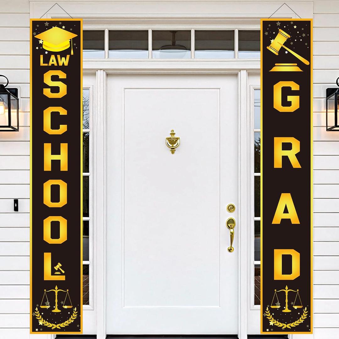 Law School Graduation Decorations, Black Gold Law School Graduation Banner, 2 Pcs Law School Grad Hanging Banners, Grad Party Decor for Porch Home Classroom Backdrop 12x71 Inch