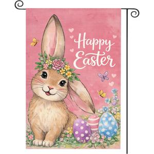 Happy Easter Garden Flag 12x18 Inch Double Sided, Pink Floral Bunny Easter Egg Yard Flag, Wrinkle Resistant Durable Easy Clean Linen Flag for Outdoor Patio Lawn Porch Spring Decoration (Pink Bunny)
